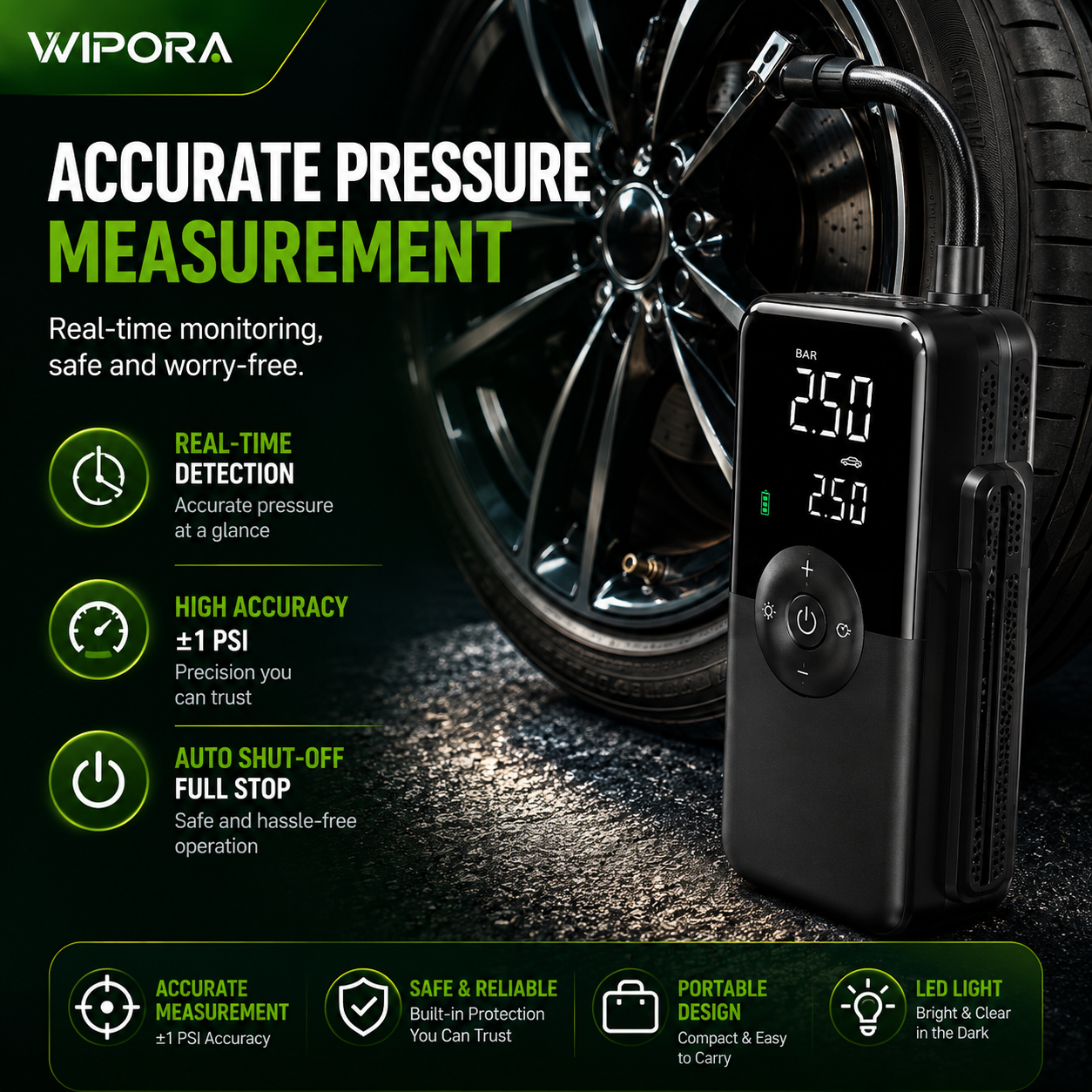 AirPro 150 PSI Portable Tire Inflator – Cordless Air Compressor with Digital Pressure Gauge & LED Light
