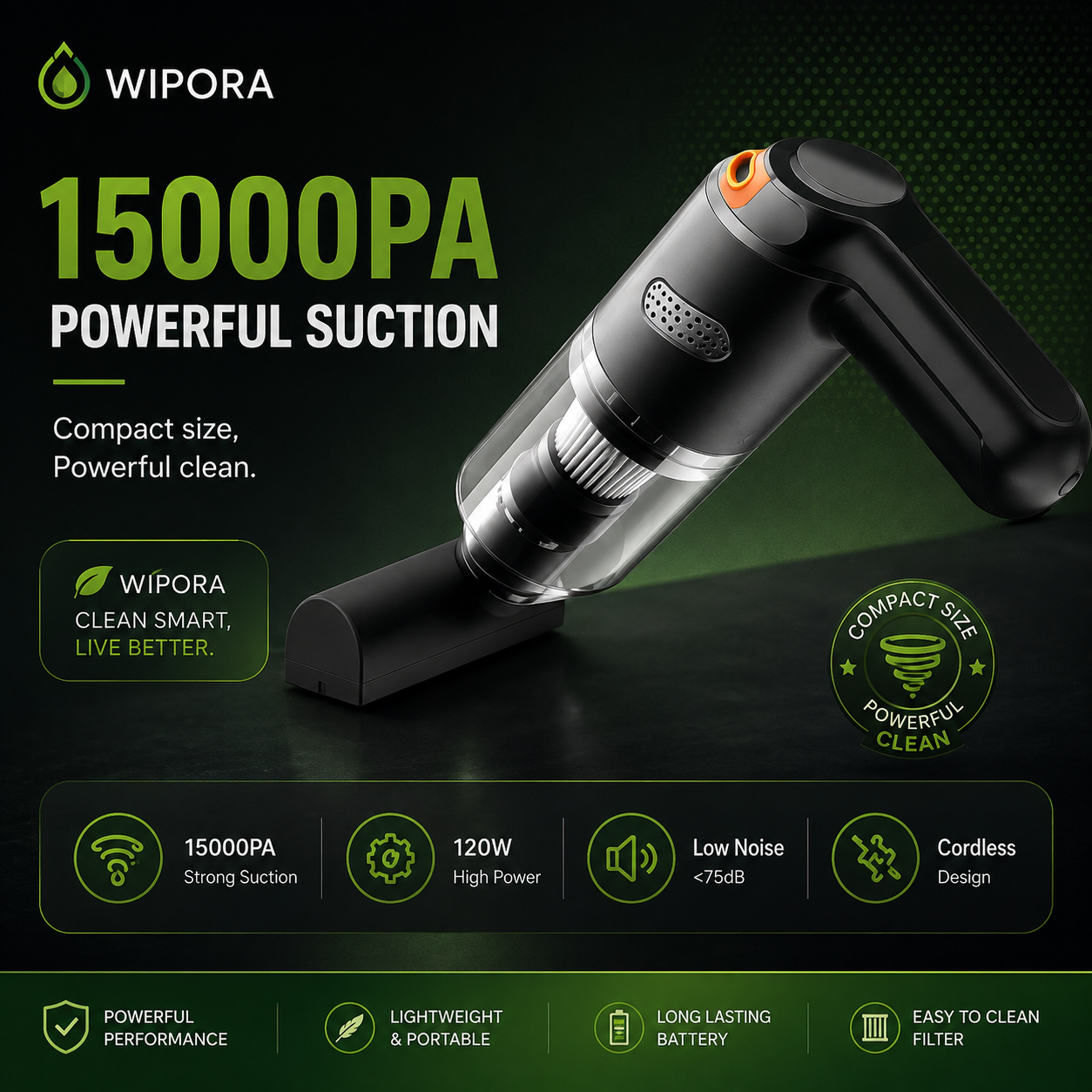 Cordless Car Vacuum – 15000Pa Suction & 4000mAh Battery 🚗
