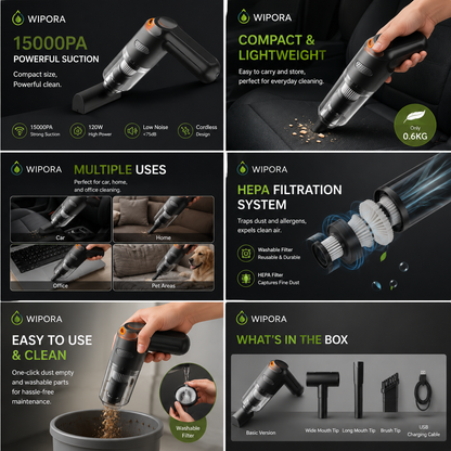 Cordless Car Vacuum – 15000Pa Suction & 4000mAh Battery 🚗