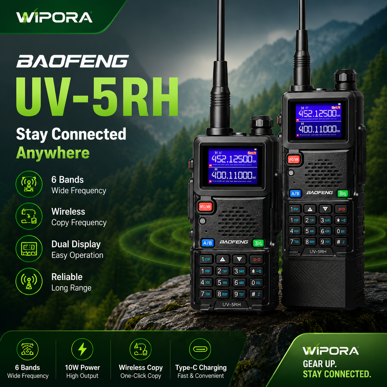 ProLink 6-Band Long Range Two-Way Radio – 10W, Wireless Frequency Copy & USB-C Charging