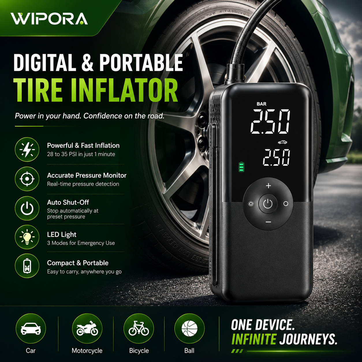 AirPro 150 PSI Portable Tire Inflator – Cordless Air Compressor with Digital Pressure Gauge & LED Light