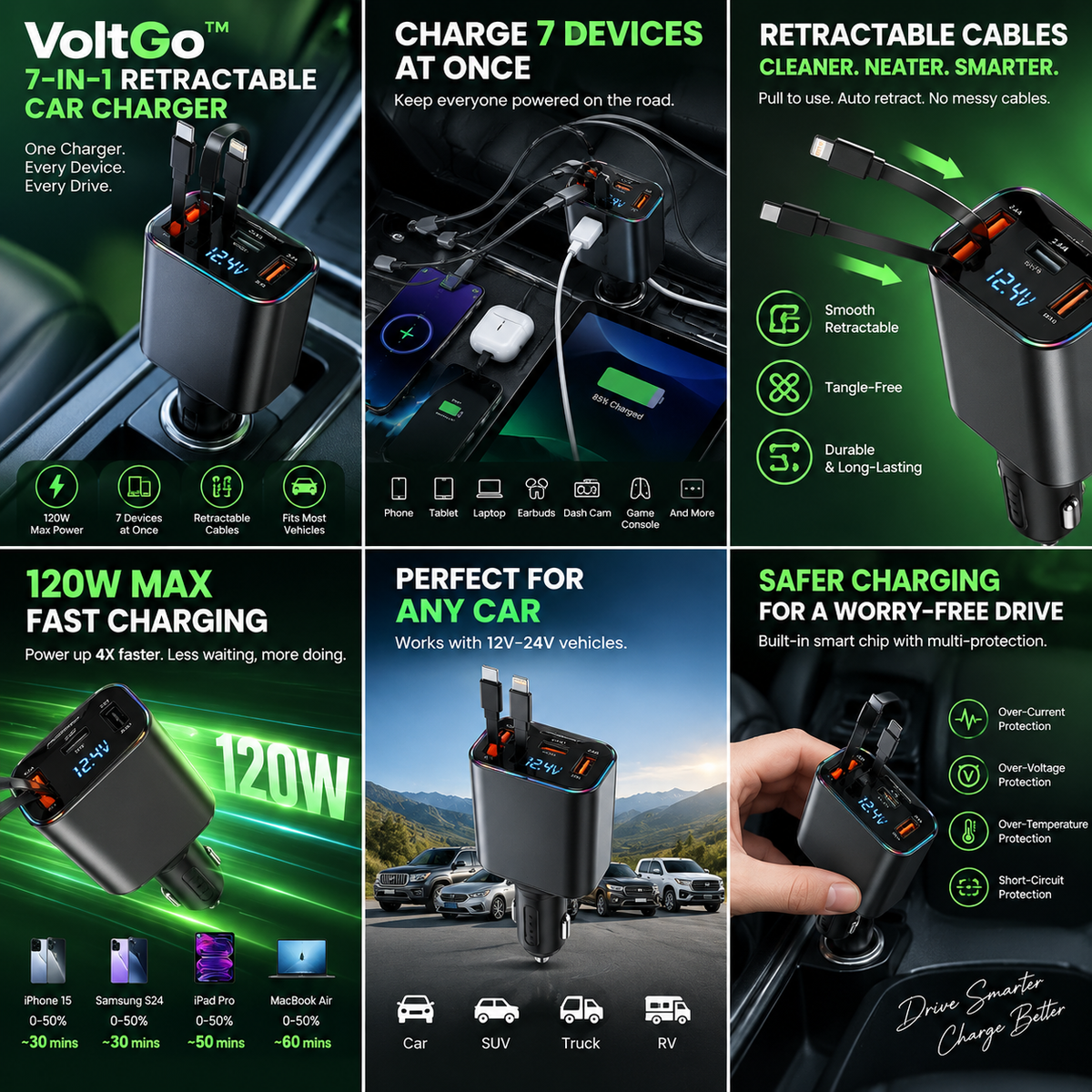 VoltGo™ – 7-in-1 Retractable Car Charger