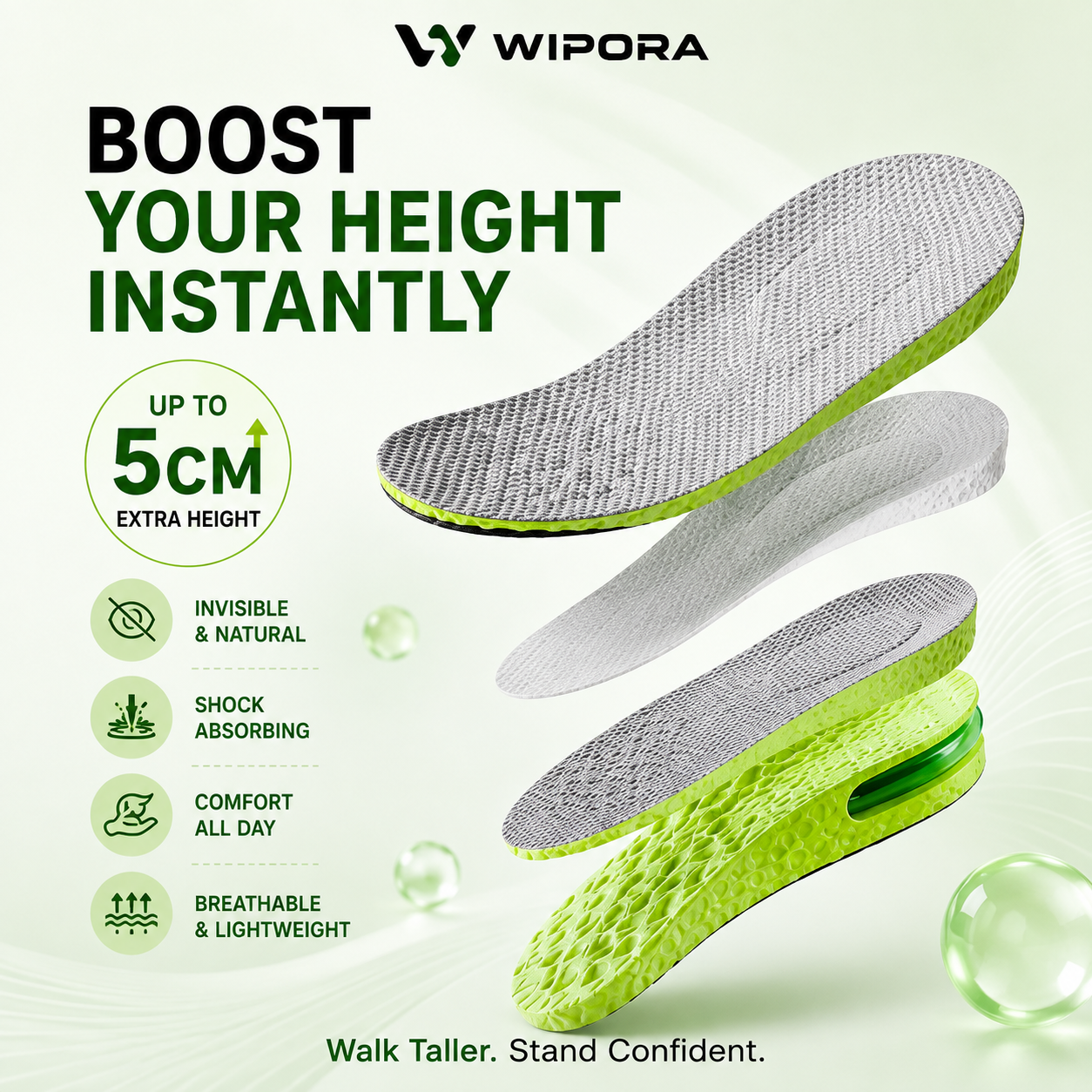 Comfortable cushioned insoles that increase height walk effortlessly and in style!