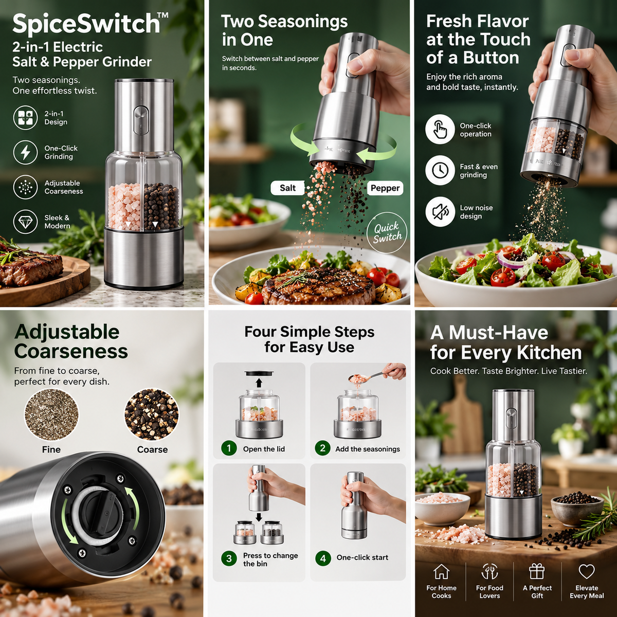 SpiceSwitch™ – 2-in-1 Electric Salt & Pepper Grinder