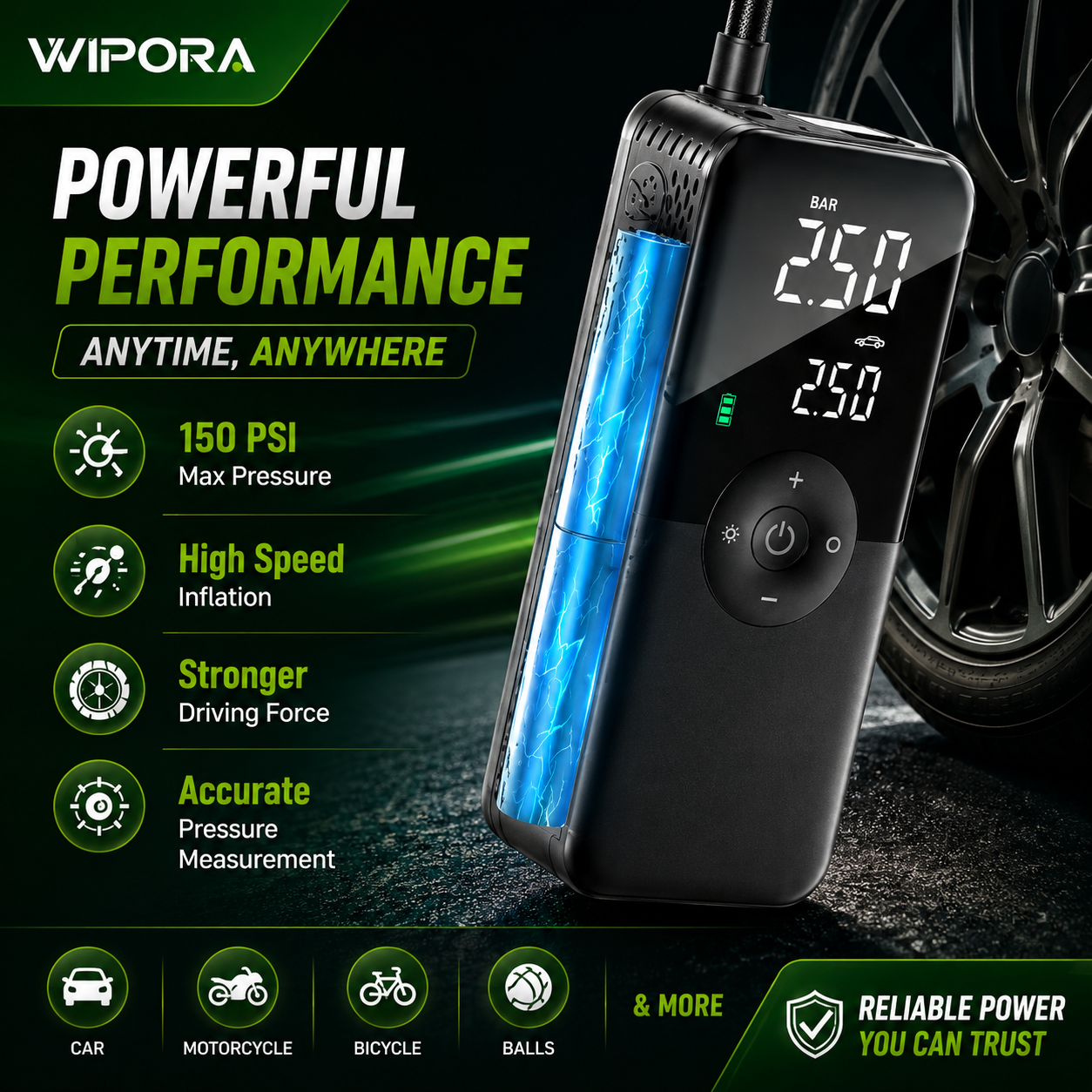 AirPro 150 PSI Portable Tire Inflator – Cordless Air Compressor with Digital Pressure Gauge & LED Light
