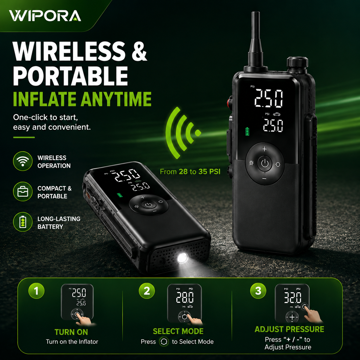 AirPro 150 PSI Portable Tire Inflator – Cordless Air Compressor with Digital Pressure Gauge & LED Light